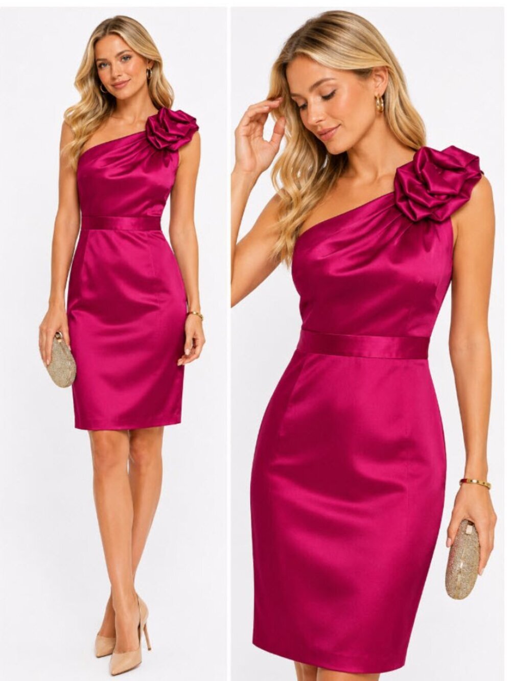 The Limited One Shoulder Satin Floral Cocktail Dress Size 0 Fuchsia Pink